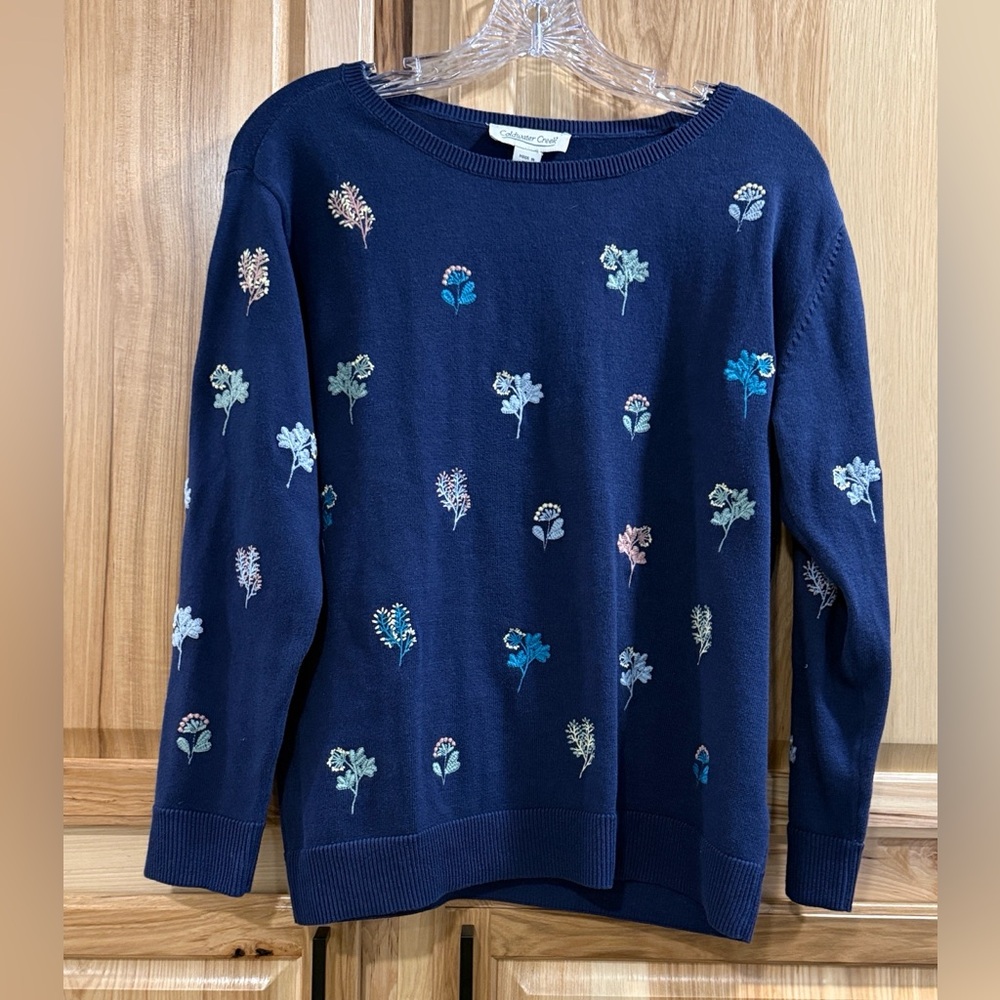 Coldwater Creek Vintage Y2K Navy Cottagecore Floral Embroidered Sweater Size PS
